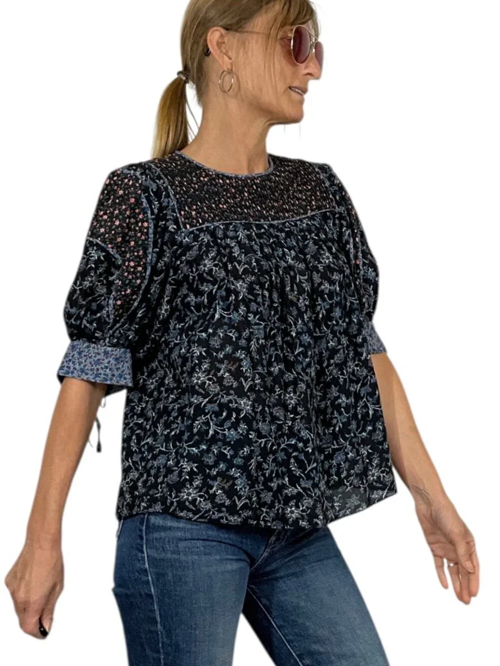 Ulla Johnson Stella Pintucked Top Blouse 6 Floral Puff Short Sleeve